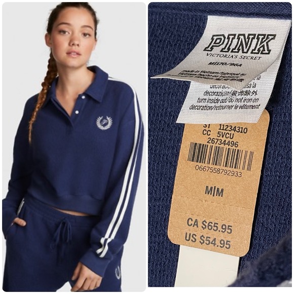 Victoria's Secret Tops - PINK Victoria's Secret cropped Reverse Fleece Polo Sweatshirt Crop Top M NEW NWT